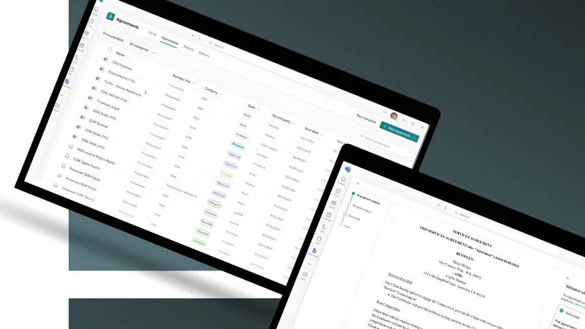 The Docufy agreements dashboard and the Word add-in analysing a services agreement, shown at an angle.