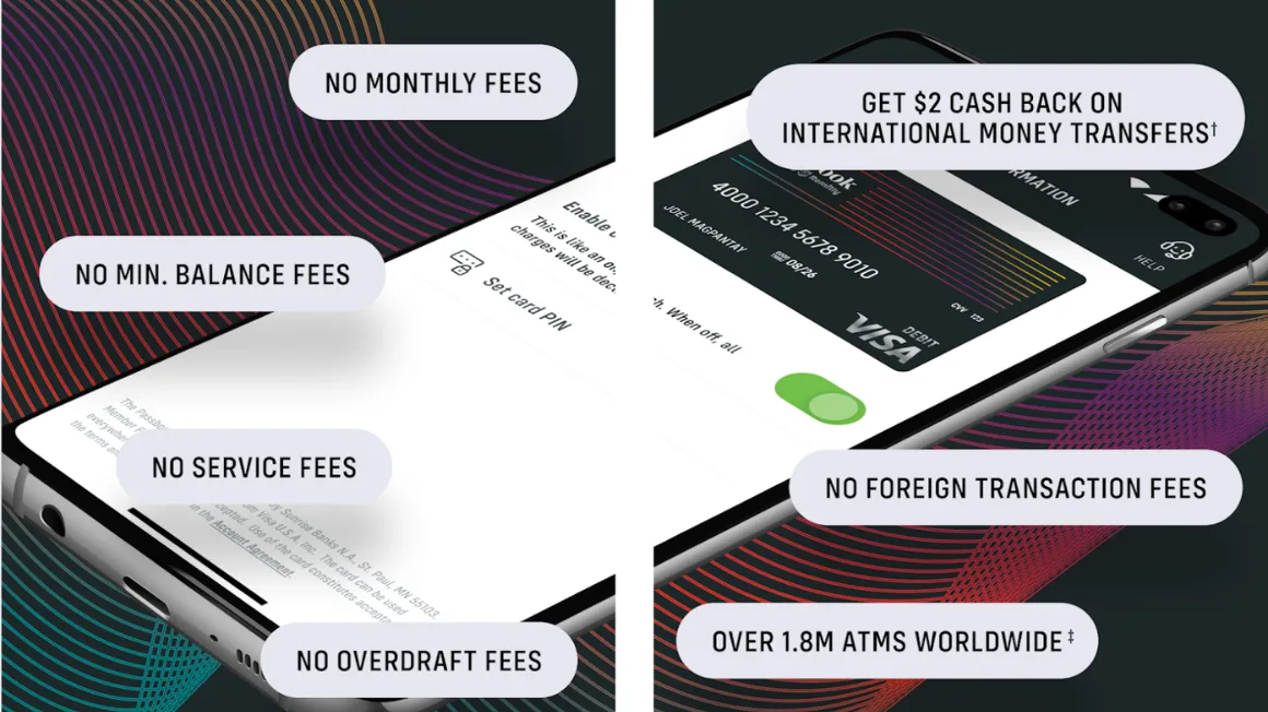Passbook by Remitly marketing screens: a debit card and account features shown on two phones at an angle.