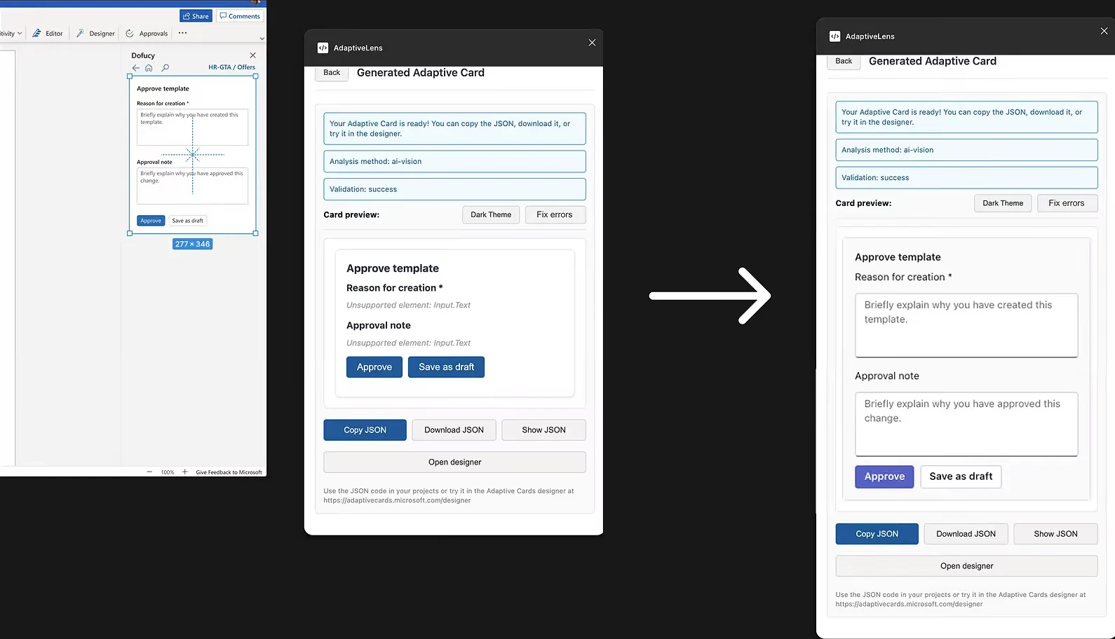 AdaptiveLens running beside a Figma frame: the panel reports analysis method ai-vision and validation success, renders a card preview flagging two unsupported Input.Text elements, and after Fix errors the same card renders correctly with working text areas and Approve and Save as draft buttons.