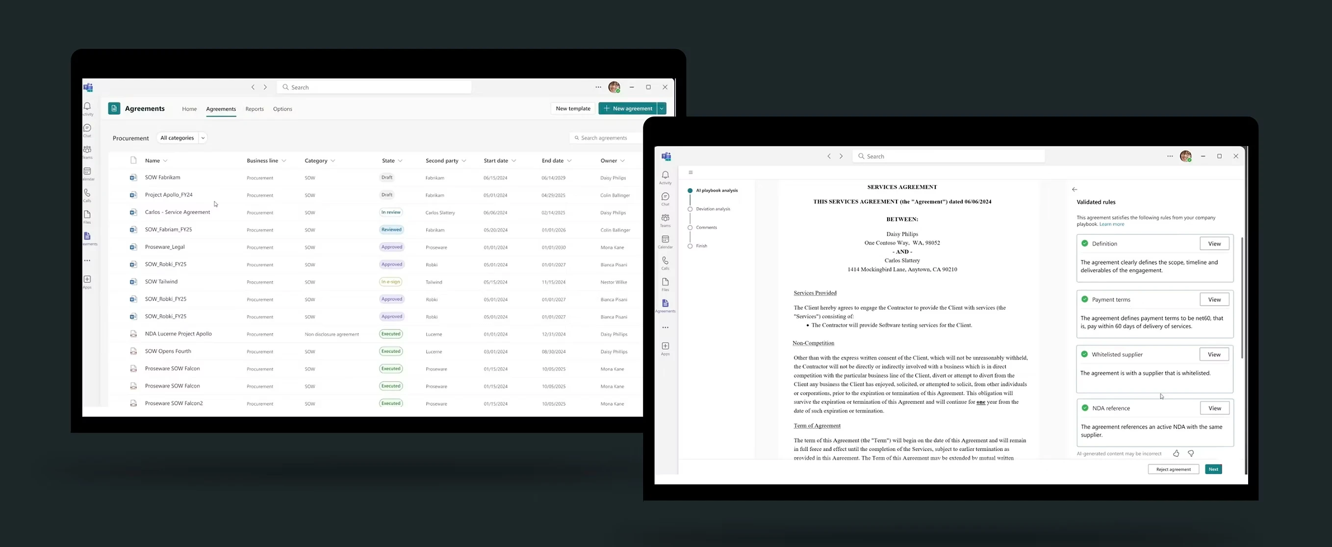 The Docufy agreements list in SharePoint beside the Word Add-in's AI playbook analysis pane, showing each validated rule with a green check and a View action.