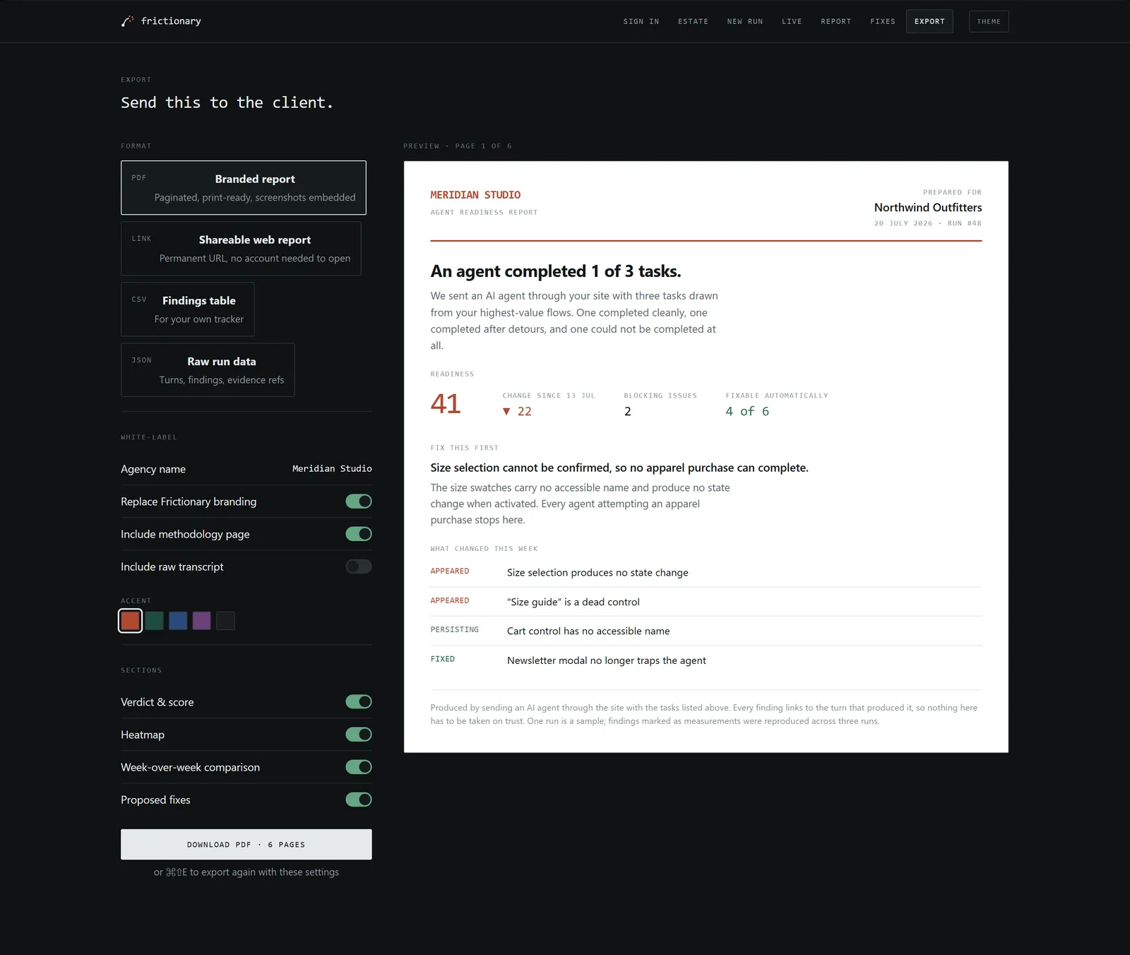 The export screen: a format picker, white-label toggles for agency name and branding, live accent-colour swatches, section toggles, and a preview of the branded client-facing report page.