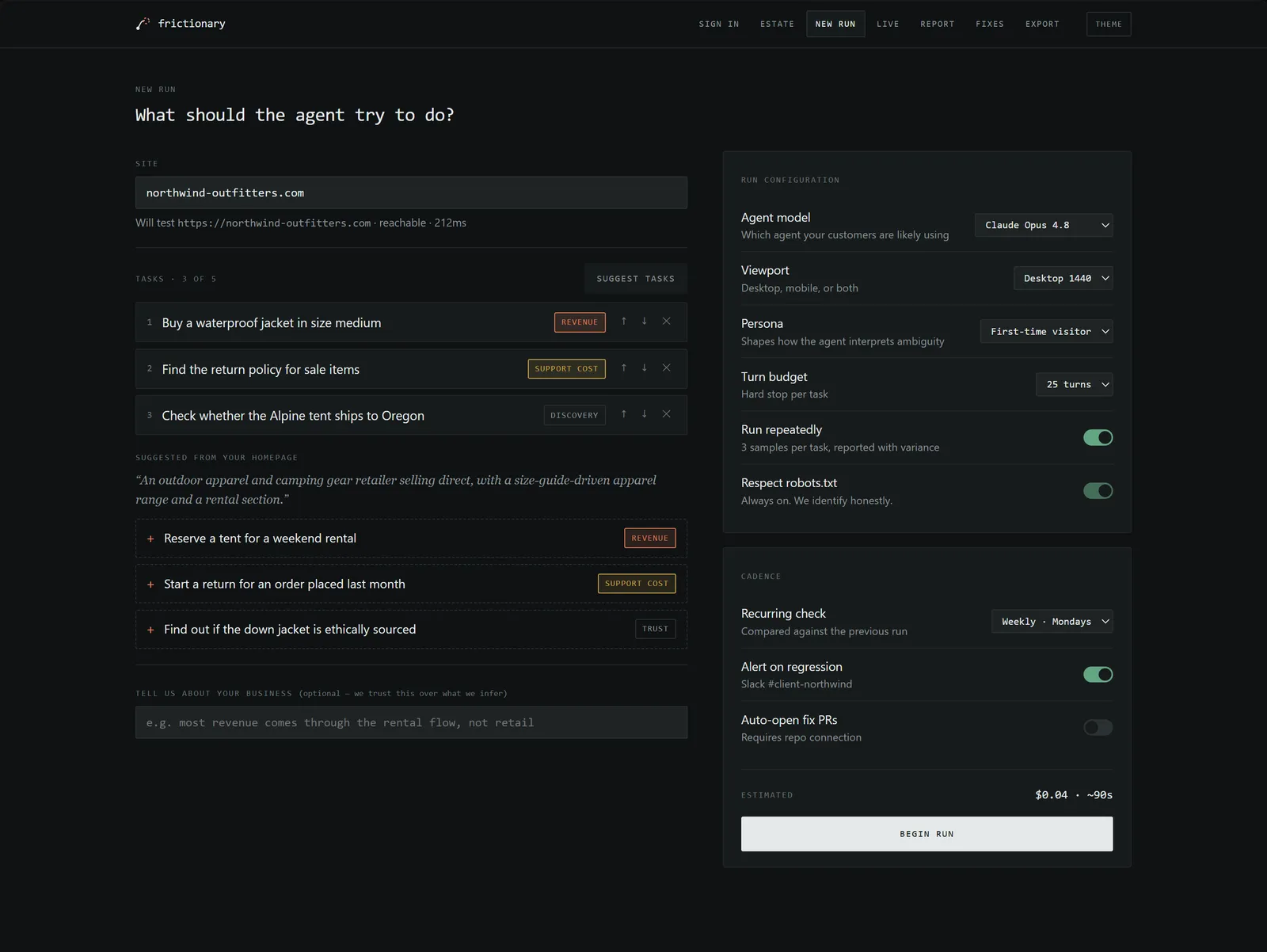 The new run screen: task rows tagged with business cost, an italic one-line summary of what the tool read on the site, and a right-hand configuration panel with model picker, viewport, persona, turn budget, repeated sampling, cadence, Slack alerts and auto-PR toggles.