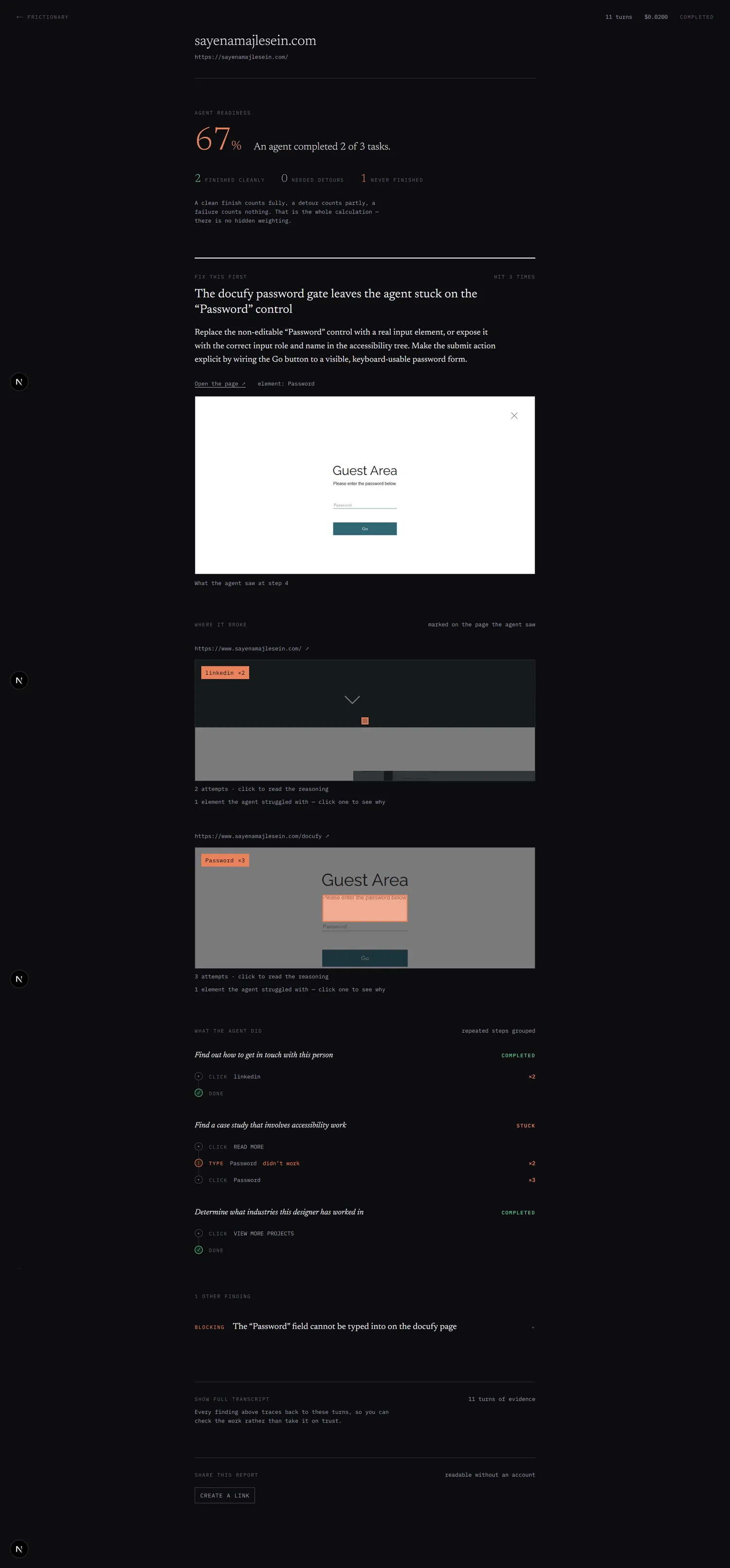 A real Frictionary report run against sayenamajlesein.com: 67% agent readiness, an agent completed 2 of 3 tasks, and a blocking finding that the Docufy case study's password gate leaves the agent stuck on the Password control, with a heatmap showing exactly where on the page it broke.