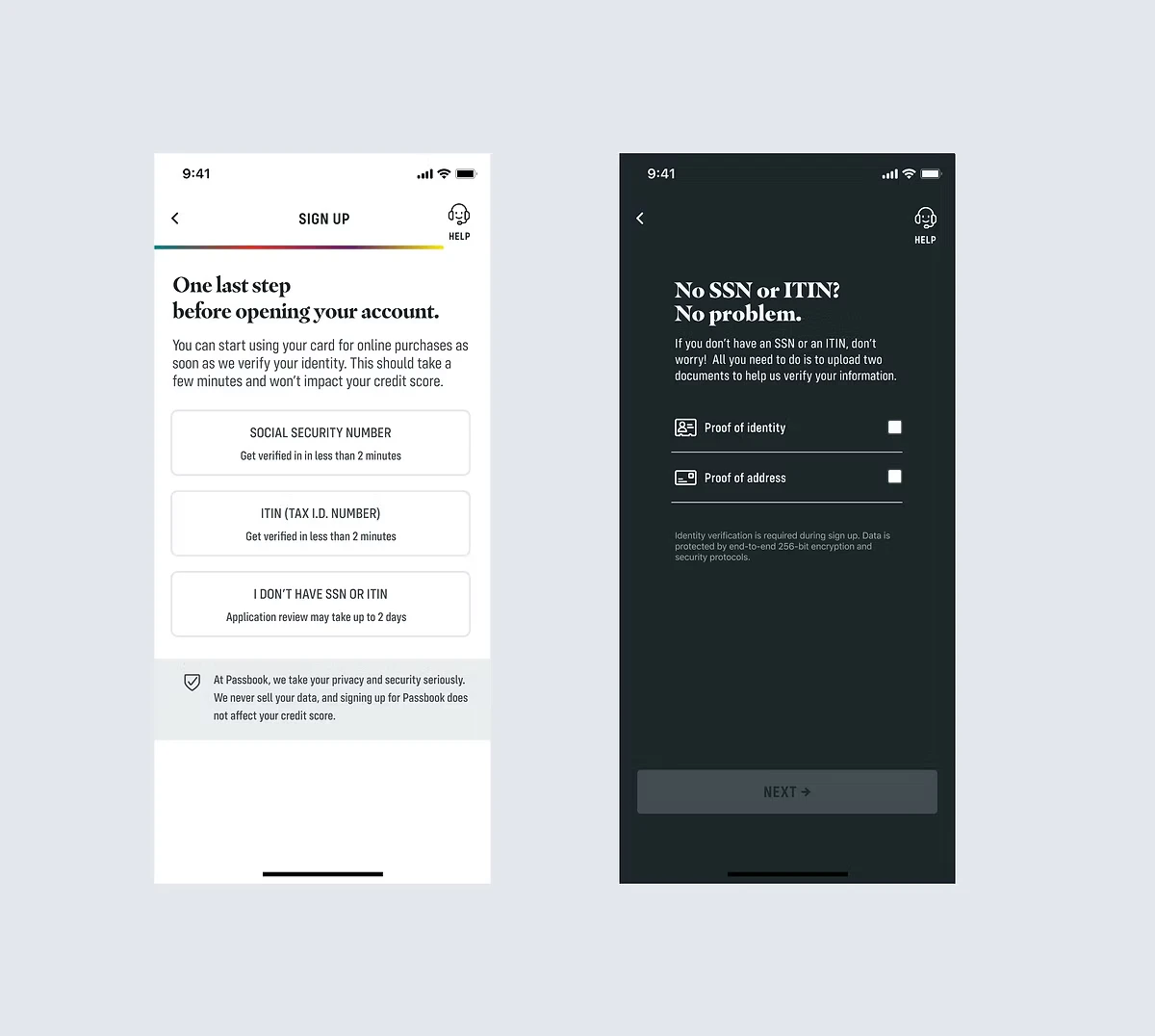 Two sign-up screens: a choice of Social Security number, ITIN, or 'I don't have SSN or ITIN', and a screen headed 'No SSN or ITIN? No problem.'