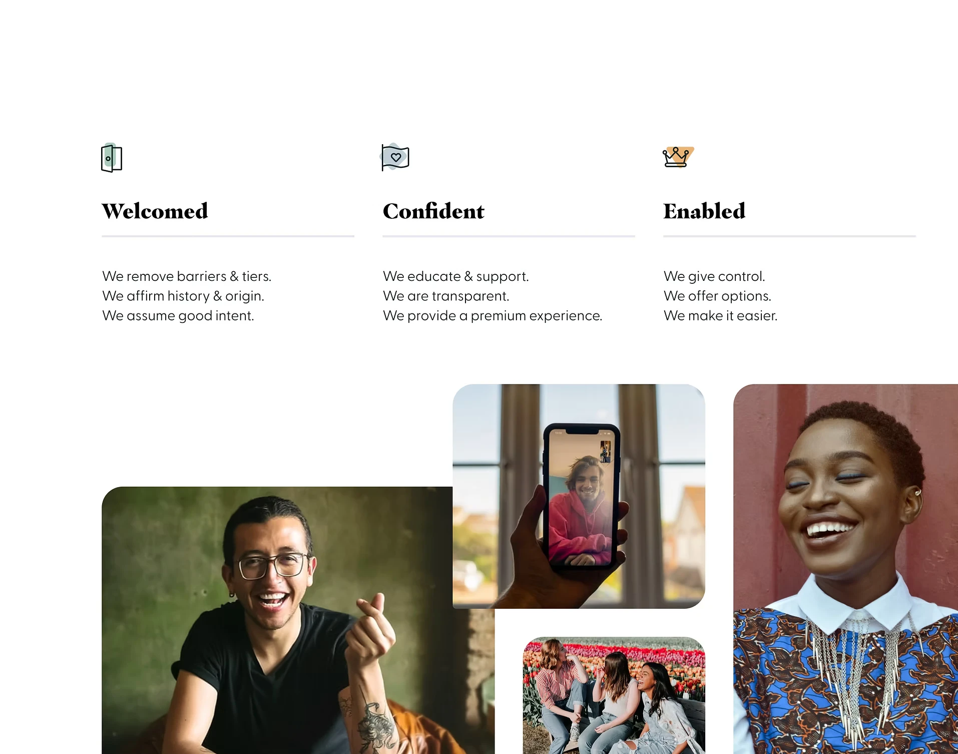 Three design principles — Welcomed, Confident, Enabled — above photographs of customers.