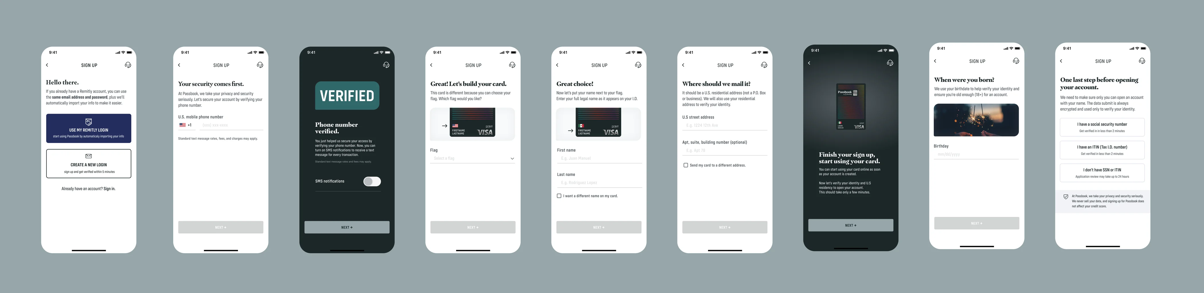 The finalized nine-screen sign-up flow, from Hello there through phone verification, card design, address, birthdate, and the final identity step offering SSN, ITIN, or neither.