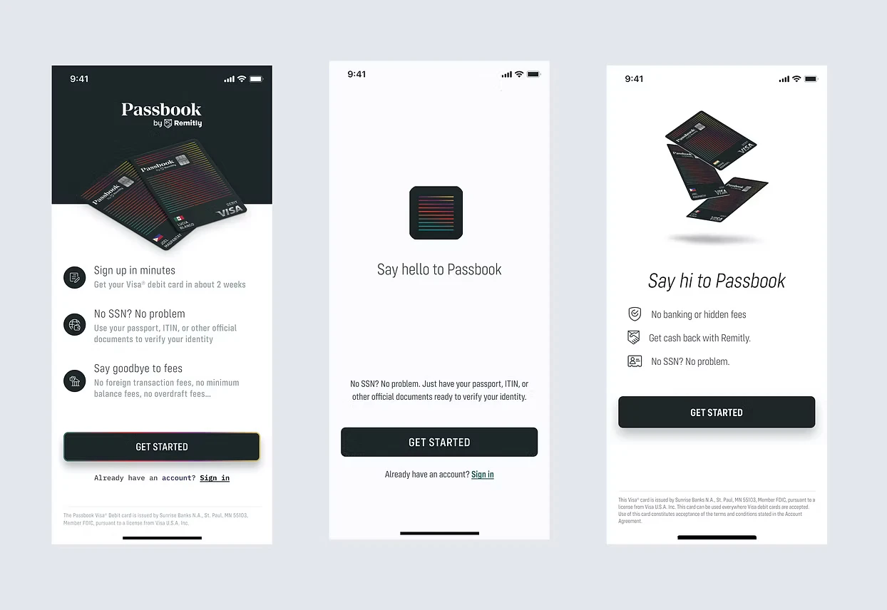 Three sign-up screens listing: sign up in minutes, no SSN no problem, and say goodbye to fees.