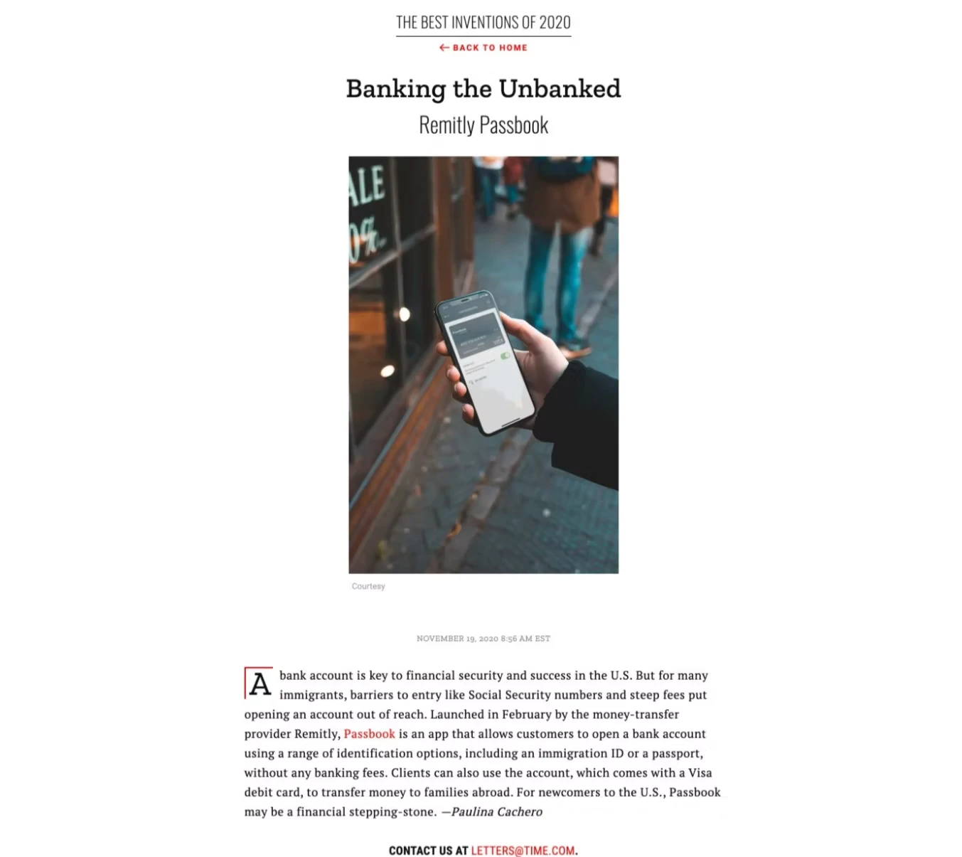 TIME's Best Inventions of 2020 entry: 'Banking the Unbanked — Remitly Passbook'.